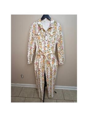 Baevely Floral Denim Jumpsuit Size S Retro 70s Wide Leg Belted